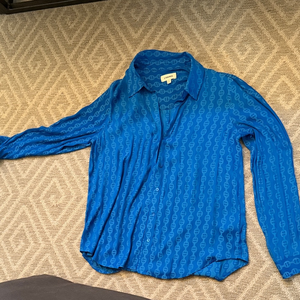 L'AGENCE Blue Chain-Print Silk Blouse